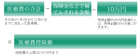 医療費の合計 その年の１月１日から12月31日までに支払った医療費　保険金などで補てんされる金額　10万円